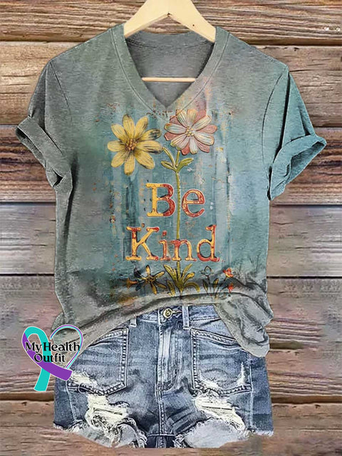 Women’s Retro Be Kind Floral V-neck Casual T-Shirt Multicolor / S