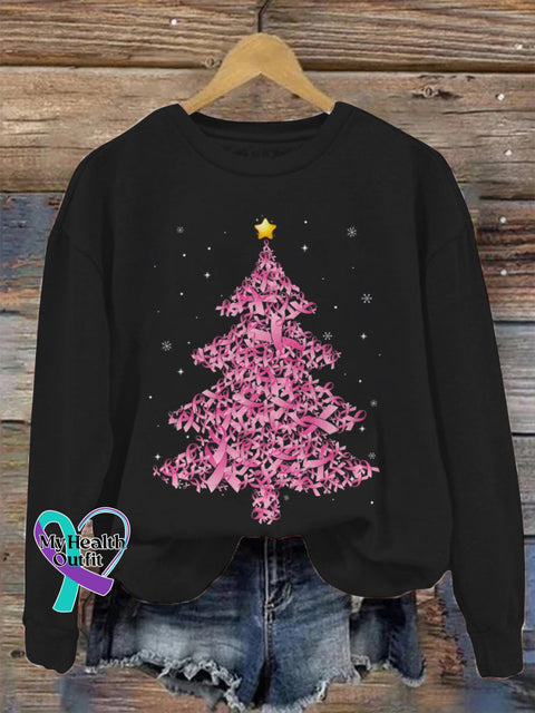 Women’s Retro Breast Cancer Awareness Pink Christmas Tree Ribbons Print Casual Sweatshirt Black / S