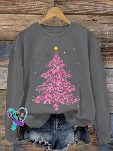 Women’s Retro Breast Cancer Awareness Pink Christmas Tree Ribbons Print Casual Sweatshirt Grey / S