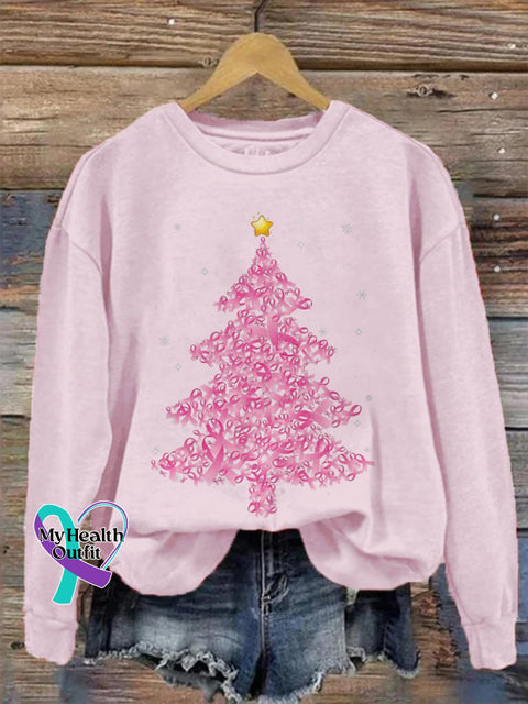 Women’s Retro Breast Cancer Awareness Pink Christmas Tree Ribbons Print Casual Sweatshirt Pink / S