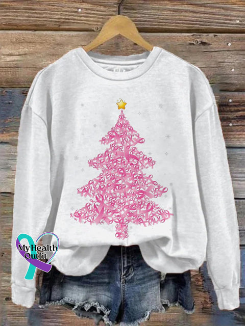 Women’s Retro Breast Cancer Awareness Pink Christmas Tree Ribbons Print Casual Sweatshirt White / S