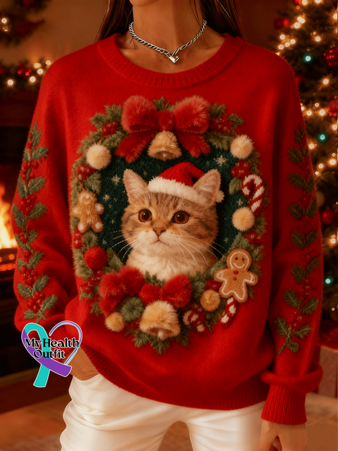 Women’s Retro Christmas Animal Cat Print Comfortable Top Picture 1 / S