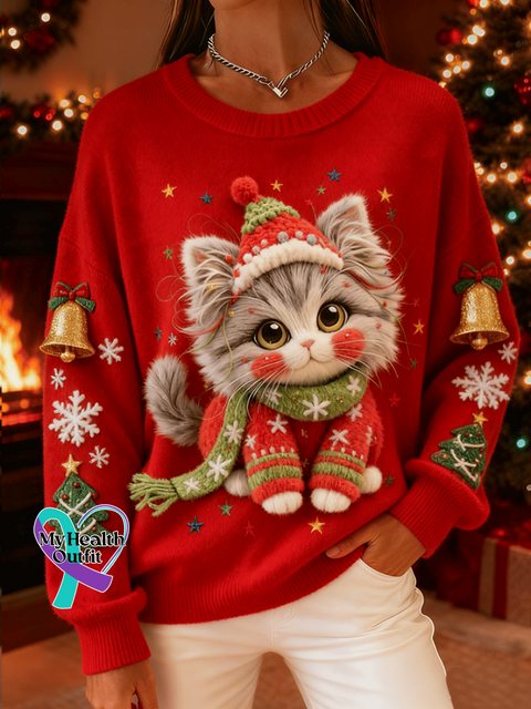 Women’s Retro Christmas Animal Cat Print Comfortable Top Picture 1 / S