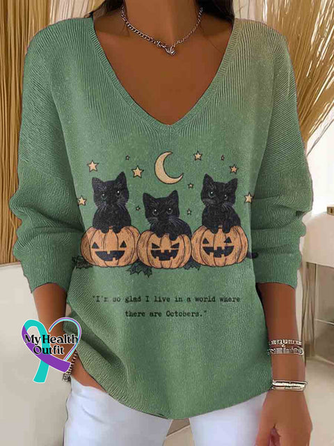 Women’s Retro Christmas Cat Art Casual Pullover Sweater Multicolor / S