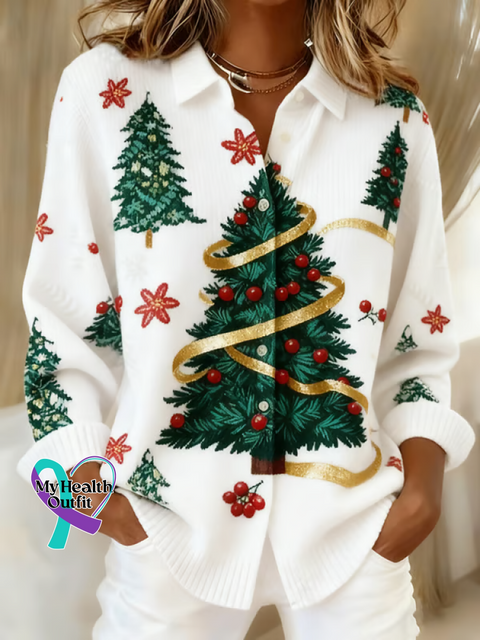 Women’s Retro Christmas Print Casual Cardigan White / S