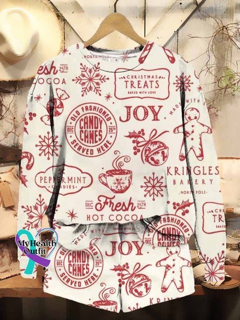 Women’s Retro Christmas Print Casual Sweatshirt Shorts Set Multicolor / S