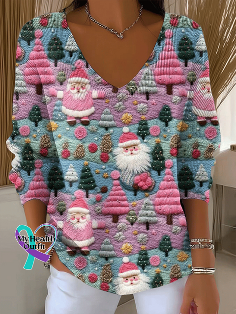 Women’s Retro Christmas Santa Claus Print Long Sleeve Top As shown / S