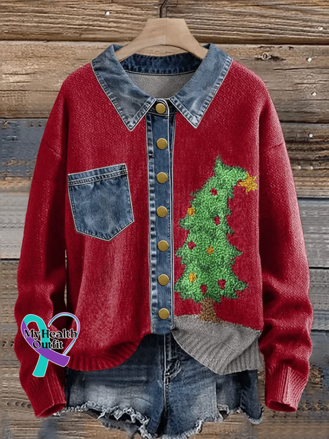 Women’s Retro Christmas Tree Denim Collar Button-up Sweater Multicolor / S