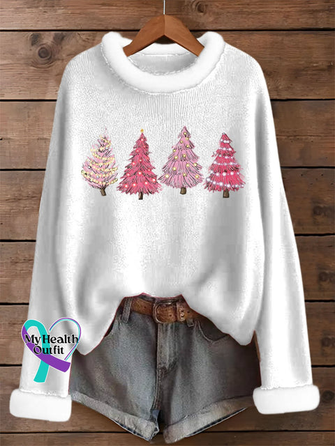 Women’s Retro Christmas Tree Print Sweater White / S