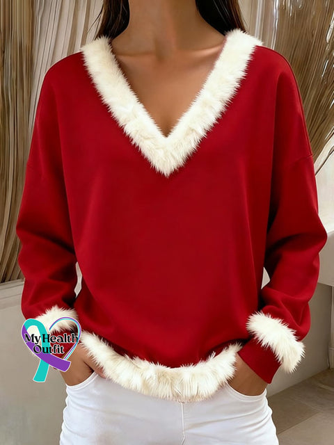 Women’s Retro Christmas V Neck Sweatshirt Red / S