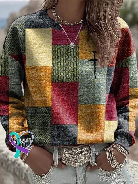 Women’s Retro Color Block Faith Print Sweatshirt As shown / S