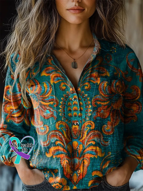 Women’s Retro Ethnic Pattern Print Casual Long Sleeve Comfortable Cotton Shirt Multicolor / S