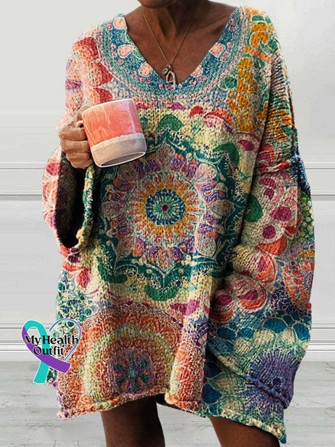 Women’s Retro Ethnic Totem Pattern Art Print Casual Pullover Sweater Multicolor / M