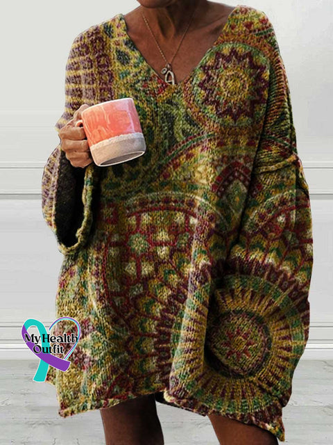 Women’s Retro Ethnic Totem Pattern Art Print Casual Pullover Sweater Multicolor / M