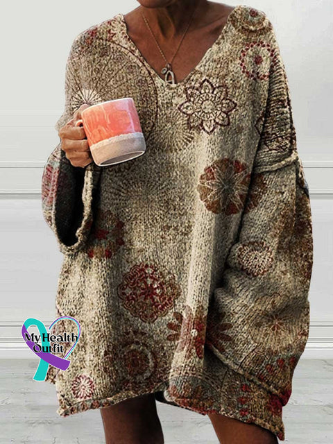 Women’s Retro Ethnic Totem Pattern Art Print Casual Pullover Sweater Multicolor / M