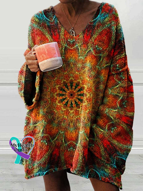 Women’s Retro Ethnic Totem Pattern Love And Peace Art Casual Pullover Sweater Multicolor / M