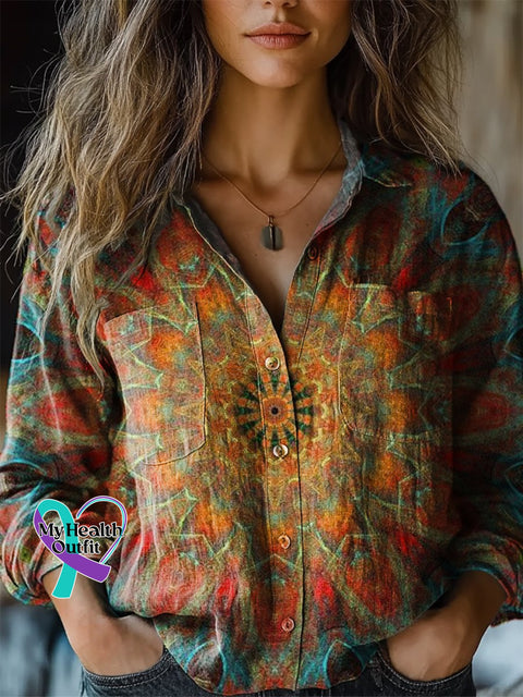 Women’s Retro Ethnic Totem Pattern Love And Peace Art Print Casual Long Sleeve Comfortable Cotton