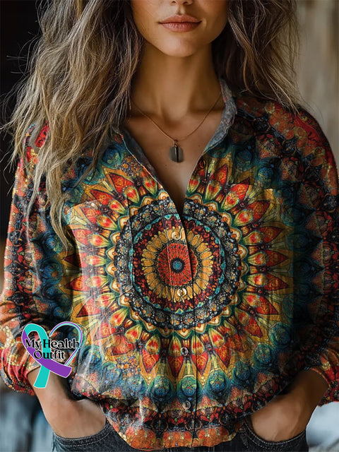 Women’s Retro Ethnic Totem Pattern Love And Peace Art Print Casual Long Sleeve Comfortable Cotton