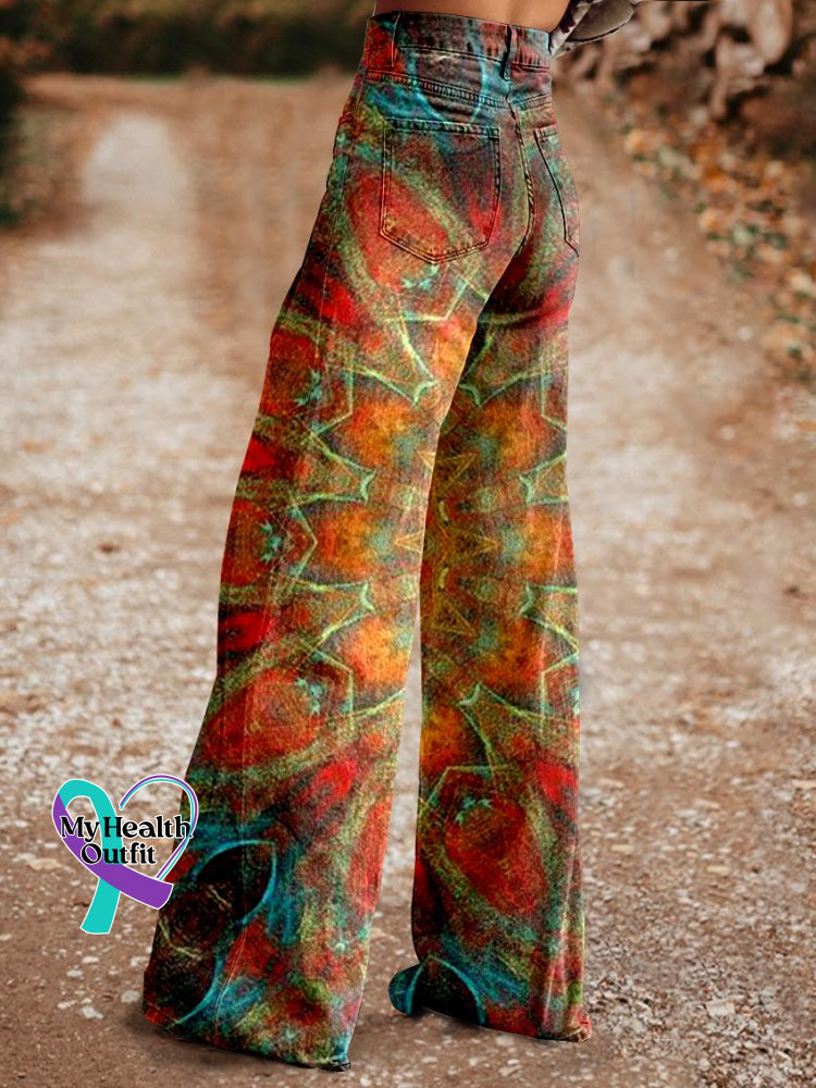 Women’s Retro Ethnic Totem Pattern Love And Peace Print Casual Wide Leg Pants