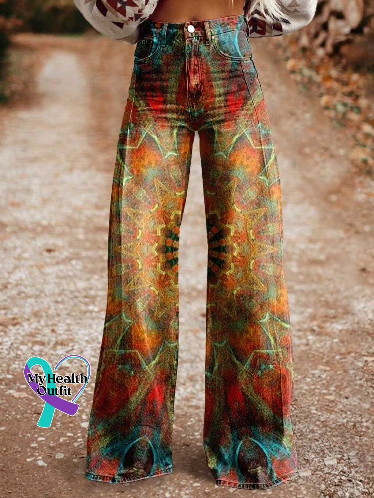 Women’s Retro Ethnic Totem Pattern Love And Peace Print Casual Wide Leg Pants Multicolor / Xs