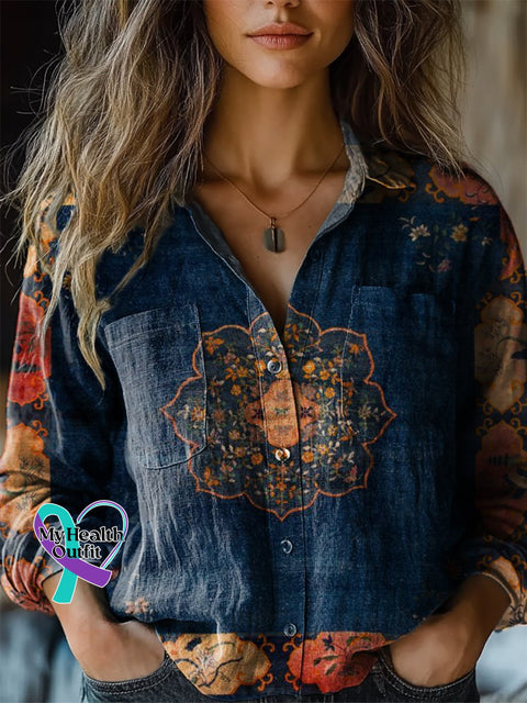 Women’s Retro Ethnic Totem Pattern Print Casual Long Sleeve Comfortable Cotton Shirt Multicolor / S