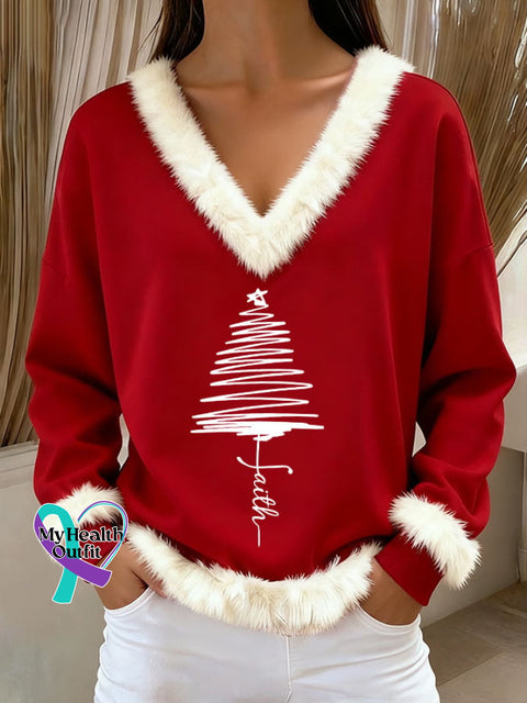 Women’s Retro Faith Christmas Tree V Neck Sweatshirt Red / S