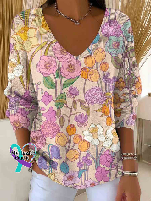 Women’s Retro Flora Garden Art Casual Pullover Sweater Multicolor / S