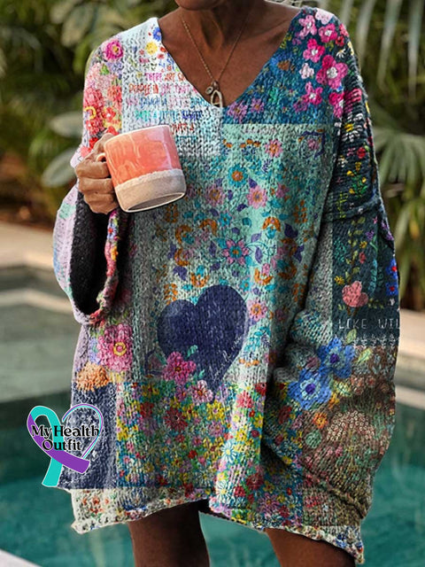 Women’s Retro Floral Art Heart Shape Love And Peace Casual Pullover Sweater Multicolor / M