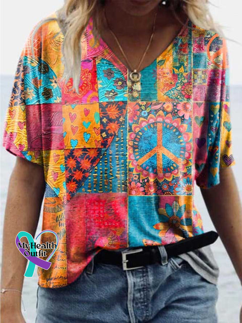 Women’s Retro Floral Heart Shape Peace Sign Love and Peace V-neck Casual T-Shirt Multicolor / S
