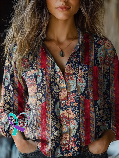 Women’s Retro Floral Print Casual Long Sleeve Comfortable Cotton Shirt Multicolor / S