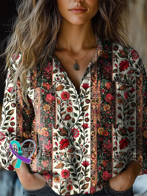 Women’s Retro Floral Print Casual Long Sleeve Comfortable Cotton Shirt Multicolor / S