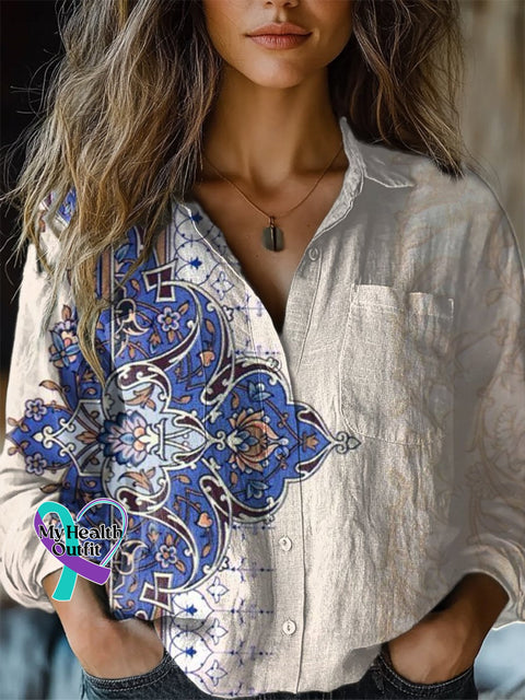 Women’s Retro Floral Print Casual Long Sleeve Comfortable Cotton Shirt Multicolor / S