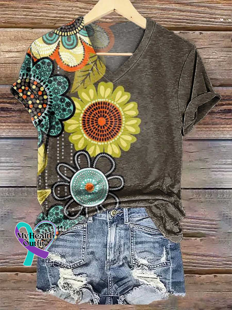Women’s Retro Floral V-neck Casual T-Shirt Multicolor / S