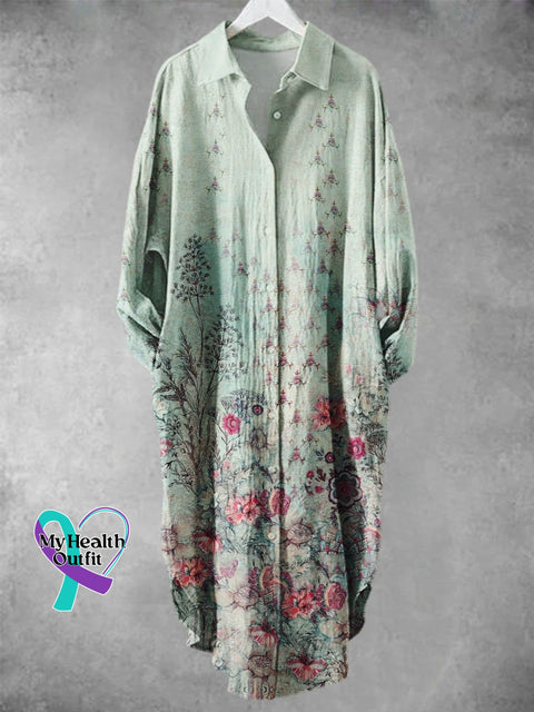 Women’s Retro Flower Pattern Art Print Long Skirt Grey Green / S