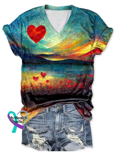 Women’s Retro Heart Shape Mental Health Awareness V-neck Casual T-Shirt Multicolor / S