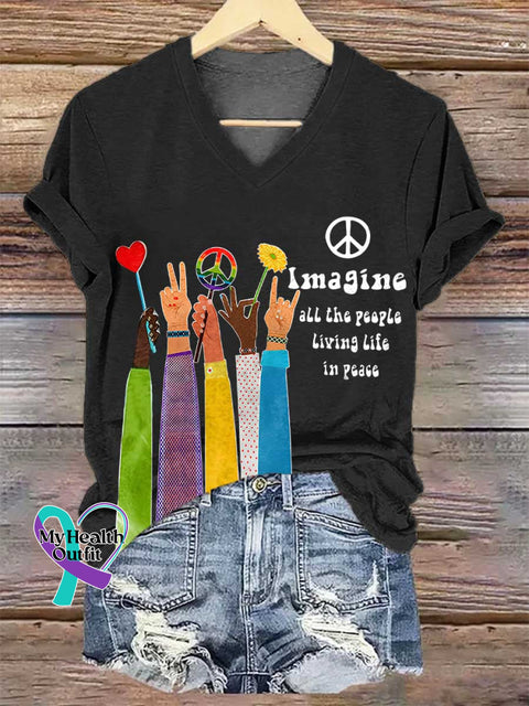 Women’s Retro Hippie Imagine All The People Living Life In Peace V-neck Casual T-Shirt Black / S