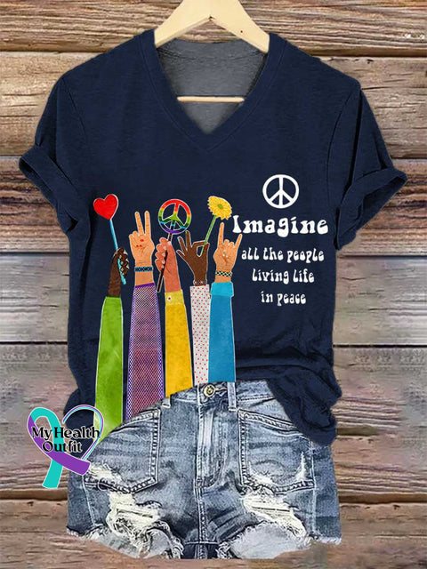 Women’s Retro Hippie Imagine All The People Living Life In Peace V-neck Casual T-Shirt Blue / S