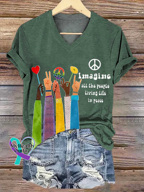 Women’s Retro Hippie Imagine All The People Living Life In Peace V-neck Casual T-Shirt Green / S