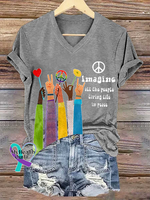 Women’s Retro Hippie Imagine All The People Living Life In Peace V-neck Casual T-Shirt Grey / S