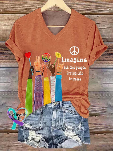 Women’s Retro Hippie Imagine All The People Living Life In Peace V-neck Casual T-Shirt Orange / S