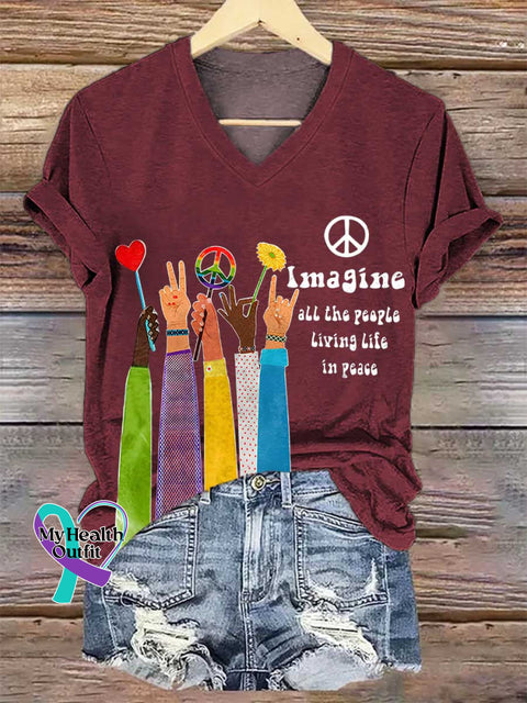 Women’s Retro Hippie Imagine All The People Living Life In Peace V-neck Casual T-Shirt Red / S