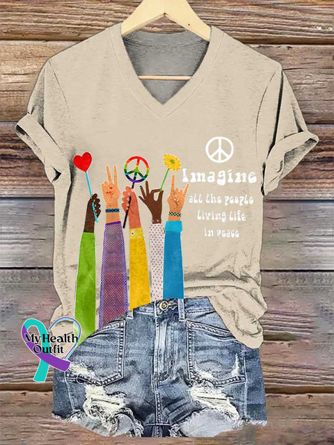 Women’s Retro Hippie Imagine All The People Living Life In Peace V-neck Casual T-Shirt Sand / S