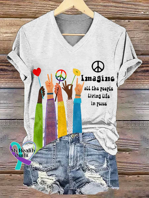 Women’s Retro Hippie Imagine All The People Living Life In Peace V-neck Casual T-Shirt White / S