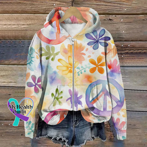 Women’s Retro Hippie Love And Peace Flower Art Print Zip Up Hoodie Multicolor / S
