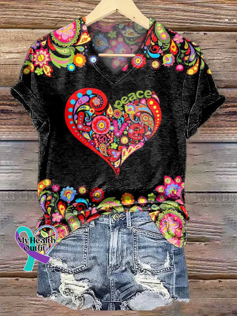 Women’s Retro Hippie Peace Sign Heart Love and Peace V-neck Casual T-Shirt Multicolor / S