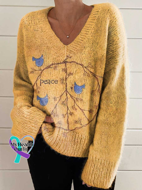 Women’s Retro Hippie Peace Sign Love And Casual V-Neck Pullover Knit Multicolor / M