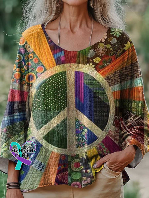 Women’s Retro Hippie Peace Sign Love And Collage Print Casual Cotton And Linen Shirt Multicolor / S