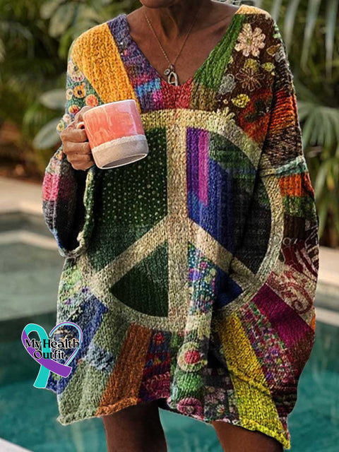 Women’s Retro Hippie Peace Sign Love And Collage Print Casual Pullover Sweater Multicolor / M
