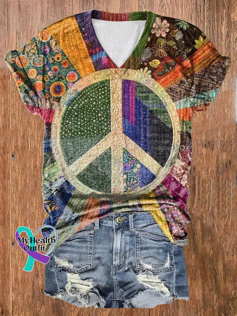 Women’s Retro Hippie Peace Sign Love And Collage Print V-Neck Casual T-Shirt Multicolor / S
