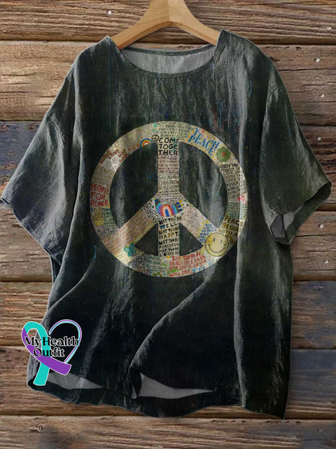 Women’s Retro Hippie Peace Sign Love and Peace Print Casual Linen Crew Neck Shirt Multicolor / S
